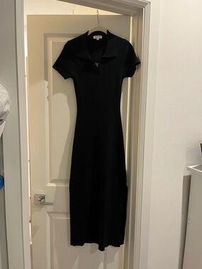 Wayf Black Ribbed Polo Midi Dress